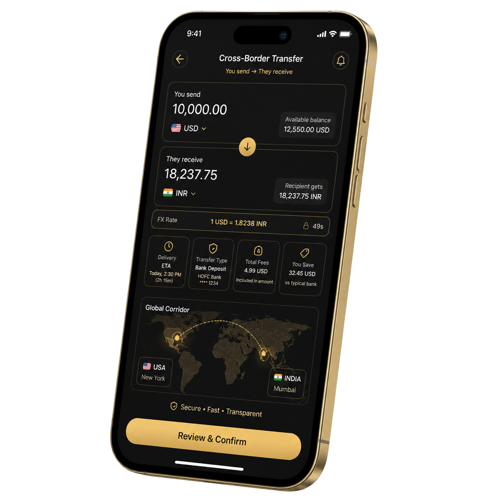 Globe with gold cross-border payment corridors between major cities